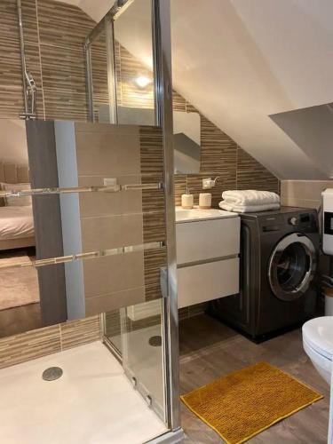 une salle de bain avec une machine à laver et un lave-linge dans l'établissement L'Immeuble de l'Avenue, à Chalon-sur-Saône