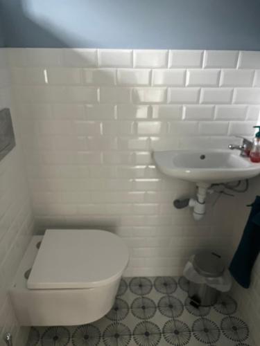 a white bathroom with a toilet and a sink at Au bord du gave in Laruns