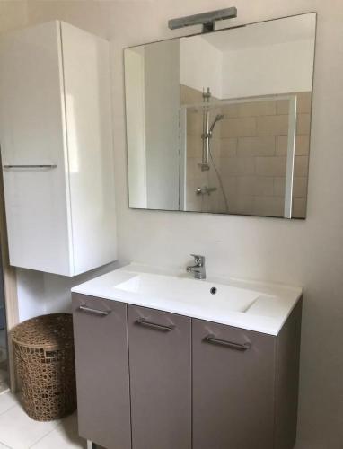 une salle de bain avec un lavabo blanc et un miroir dans l'établissement Maison spacieuse avec jardin à Thiron-Gardais, à Thiron-Gardais