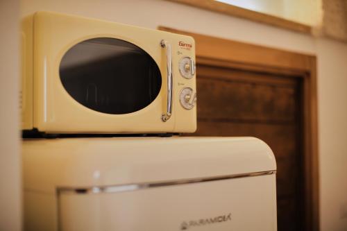a microwave sitting on top of a refrigerator at Chez Liart 2 in Fasano