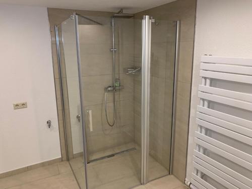 a shower with a glass door in a bathroom at Boardinghouse Schnaitheim - Apartment in Heidenheim