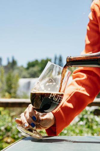 a person is holding a glass of wine at Hotel Salto Del Laja in Los Ángeles
