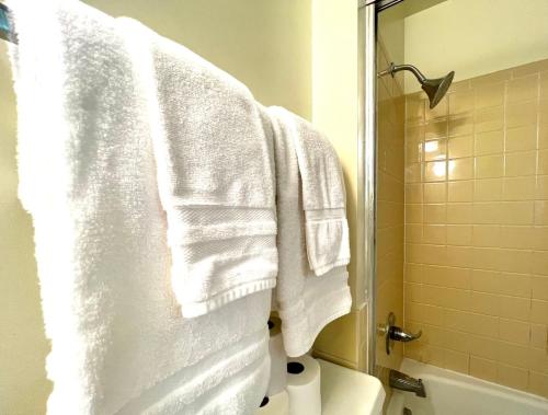 a bathroom with white towels hanging over the toilet at Star Gate Motel in Indian River