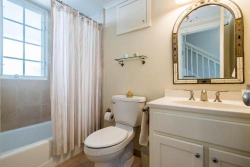 a bathroom with a toilet and a sink and a mirror at Belize Carriage House in Rosemary Beach