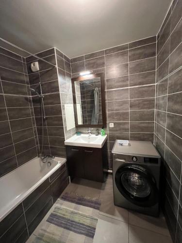 une salle de bain avec une machine à laver et un lavabo dans l'établissement Appartement aux portes de Paris, à Saint-Ouen