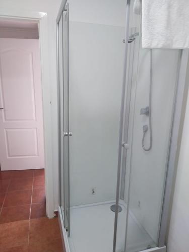 a shower with a glass door in a bathroom at Casa Santa Maria apartamento B in Ermidas