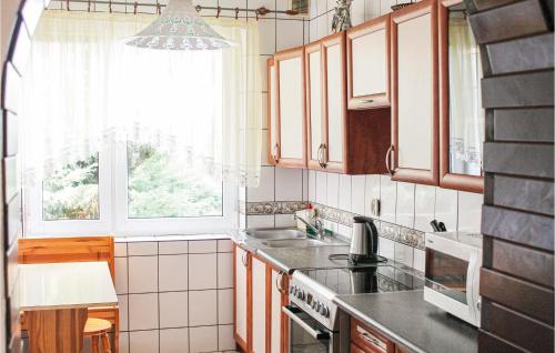 a kitchen with a sink and a window at Nice Home In Solec Wlkp, With Wifi in Sulęcinek