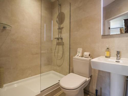 a bathroom with a shower and a toilet and a sink at Old Monmouth in Lyme Regis