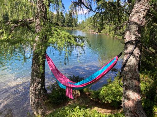 a hammock hanging between two trees next to a lake at Bergchalet K2 in Hohentauern