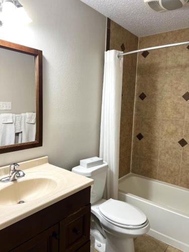 a bathroom with a sink and a toilet and a shower at The Shores at Lake Travis in Lago Vista