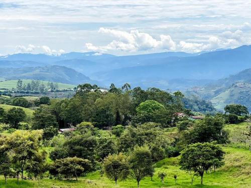 a group of trees on a hill with mountains in the background at Cabaña La Finca in Cervantes