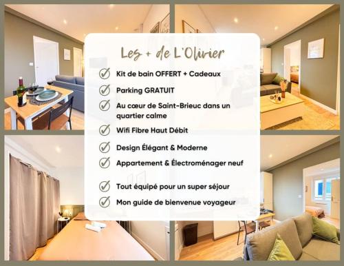 un collage de photos d'un salon avec un panneau dans l'établissement L'Olivier - Parking, Hyper-Centre, Séjour Unique, à Saint-Brieuc