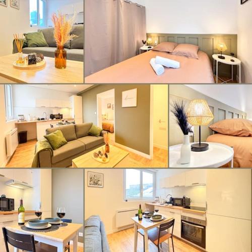 un collage de photos d'une chambre et d'un salon dans l'établissement L'Olivier - Parking, Hyper-Centre, Séjour Unique, à Saint-Brieuc