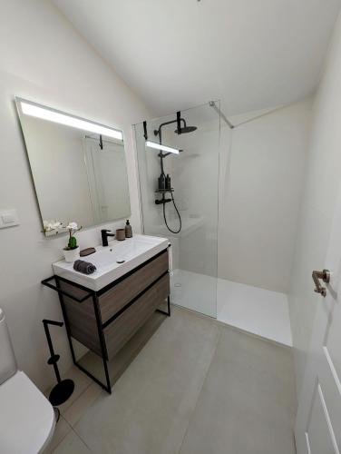 a bathroom with a sink and a mirror and a shower at Casa Fita con Parking in Santillana del Mar