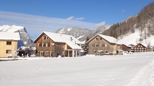 a group of buildings in a snow covered field at Appartement Elisabeth in Schoppernau