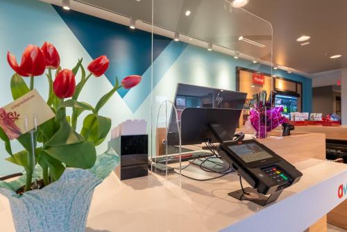 a store with a phone on a counter with red flowers at avid hotels - Kalamazoo East by IHG in Kalamazoo