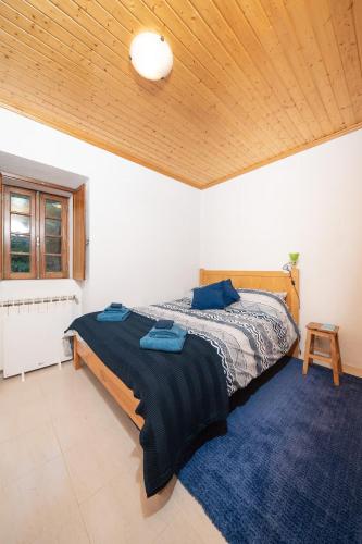 a bedroom with a bed with blue pillows on it at Yellow House - Casa Amarela in Oliveira do Hospital