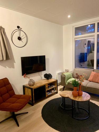 a living room with a couch and a television at Natuurlijk huisje Sallandse Heuvelrug in Haarle