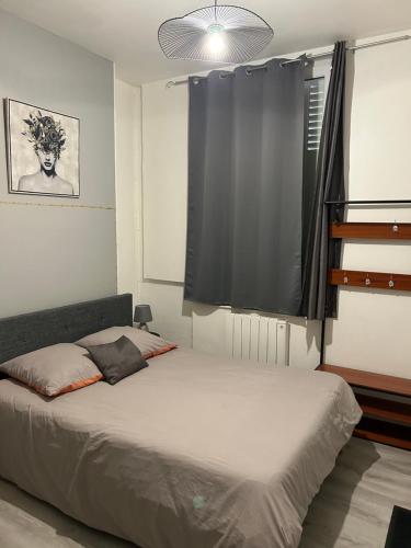 a bedroom with a bed and a black curtain at Studio Capelet in Vichy
