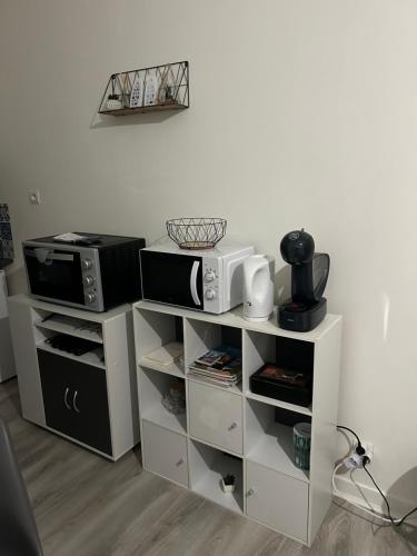 une étagère blanche avec deux micro-ondes et un micro-ondes dans l'établissement Studio Capelet, à Vichy