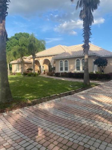 ウェスレイ・チャペルにあるPeaceful Lakefront Homeの椰子の木と煉瓦の私道のある家