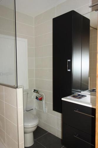 La salle de bains est pourvue de toilettes et d'une armoire noire. dans l'établissement Résidence Kandahar - APPARTEMENT ALPE D'HUEZ AVENUE DU RIF NEL MAE-2201, à Huez