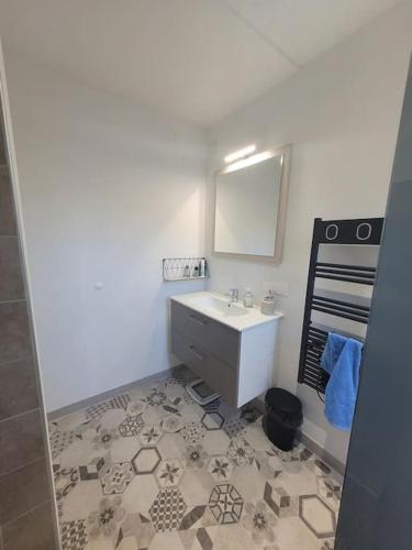 une salle de bain avec un lavabo et un miroir dans l'établissement Charmant meublé de tourisme 4 étoiles, à Vals-les-Bains