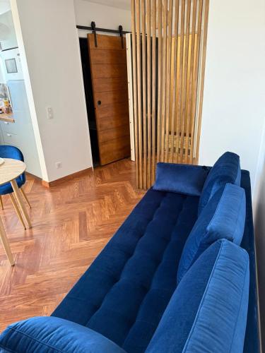 - un canapé bleu dans le salon doté de parquet dans l'établissement Elégant studio de 25m2, à Saint-Laurent-du-Var