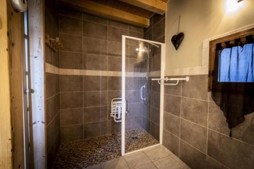 une douche avec une porte vitrée dans une salle de bain dans l'établissement Les Chalets Du Cocoon - CHALET COCOON MAE-1611, à Aime La Plagne