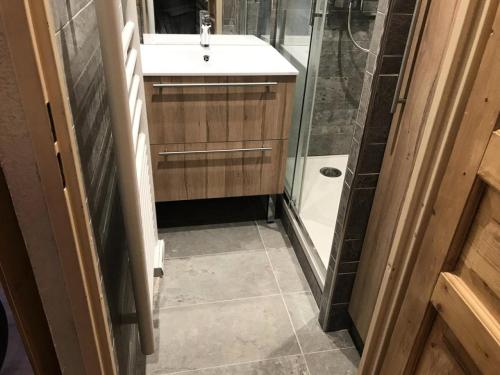 une salle de bain avec un lavabo et une douche dans l'établissement Résidence Ecrin D 'huez - APPARTEMENT ALPE D'HUEZ DANS QUARTIER BERGERS MAE-2791, à Huez