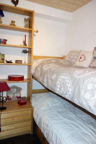une chambre avec un lit et une étagère dans l'établissement Résidence Maison De L'alpe - APPARTEMENT ALPE D'HUEZ QUARTIER VIEL ALPE MAE-2931, à Huez