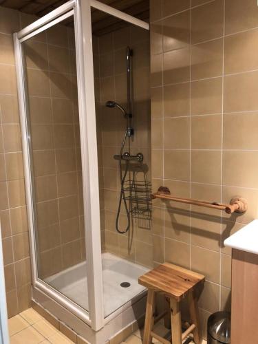 une douche avec une porte vitrée dans une salle de bain dans l'établissement Résidence Res.de L'alpe - APPARTEMENT ALPE D'HUEZ CENTRE STATION MAE-2971, à Huez