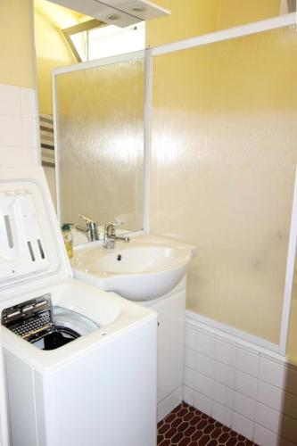 une salle de bain avec un lavabo et une machine à laver dans l'établissement Résidence Meridien - STUDIO DE 35M2 HAUT DE STATION ALPE D'HUEZ MAE-3121, à Huez