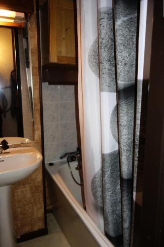 une salle de bain avec un rideau de douche et un lavabo dans l'établissement Résidence Solaires - Duplex 4 pièces -ECLOSE OUEST MAE-3361, à Huez