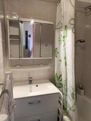 une salle de bain avec un lavabo et un rideau de douche dans l'établissement Résidence Balcons D'huez - appartement 2 coins montagne ALPE D'HUEZ QUARTIER ECLOSE EST MAE-3441, à Huez
