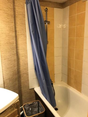 La salle de bains est pourvue d'un rideau de douche bleu à côté d'une baignoire. dans l'établissement Résidence Grand Sud - Studio de 20 m² avec mezzanine-ALPE D'HUEZ ECLOSE EST MAE-3481, à Huez