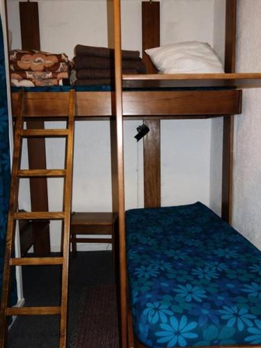 un lit superposé avec une échelle à côté d'un lit superposé avec un matelas bleu dans l'établissement Résidence Kandahar - APPARTEMENT ALPE D'HUEZ AVENUE DU RIF NEL MAE-3621, à Huez