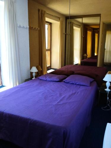 - une chambre avec un lit violet et 2 oreillers dans l'établissement Résidence Menandiere - APPARTEMENT 3 PIECES ALPE D'HUEZ CENTRE STATION MAE-3651, à Huez