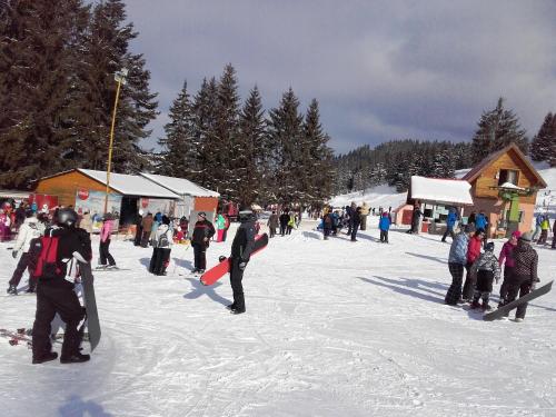 a group of people standing in the snow with snowboards at Pensiunea Sarah Bran in Bran