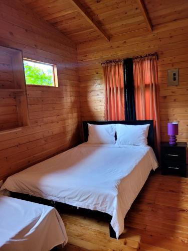 a bedroom with two beds in a log cabin at Cabañas Barú Dota in Santa María