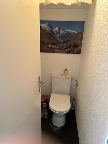 een badkamer met een toilet en een foto aan de muur bij La montagne in Villarembert