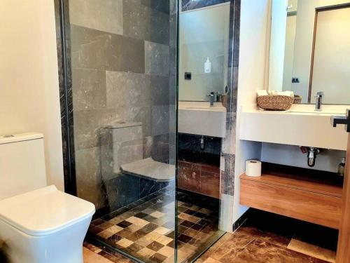 a bathroom with a shower and a toilet and a sink at Elegante depa cerca de los arcos con amenidades in Hércules