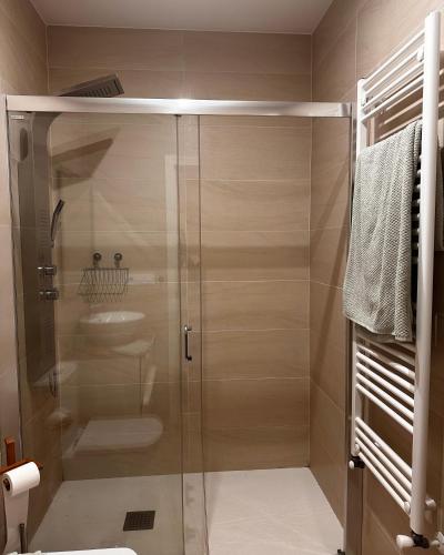 a shower with a glass door in a bathroom at Apartamento Miracies in Vigo
