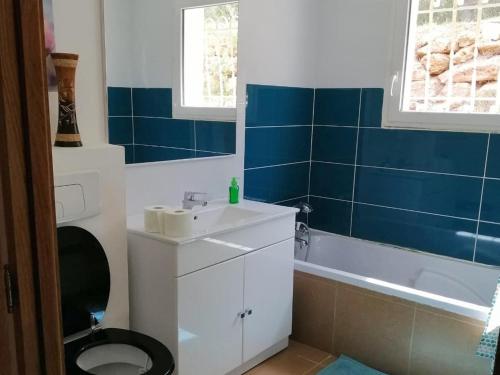 een badkamer met een wastafel, een toilet en een bad bij Les Dourets in Saint Antonin du Var