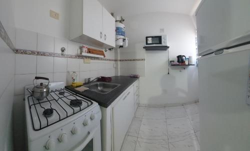eine weiße Küche mit Herd und Spüle in der Unterkunft Departamentos Falucho 3 in Santa Rosa
