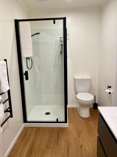 a bathroom with a shower and a toilet at Donovan Guest House in Tatare