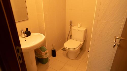 a small bathroom with a toilet and a sink at Modern Apartment near Burj khalifa in Dubai