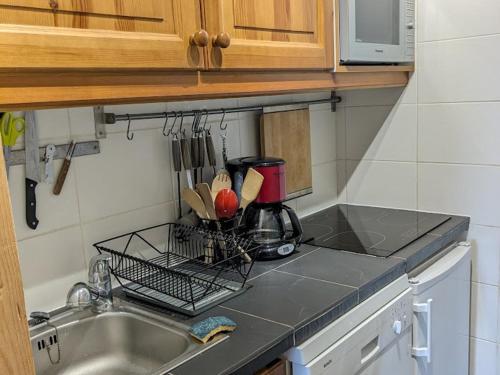 - un plan de travail avec évier et séchoir dans l'établissement 3 Pièces au pied des pistes, 7 pers, balcon, cuisine équipée - FR-1-557-137, à Les Adrets
