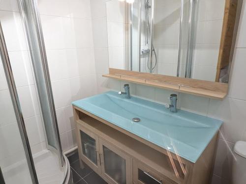 une salle de bain avec un lavabo bleu et une douche dans l'établissement 3 Pièces au pied des pistes, 7 pers, balcon, cuisine équipée - FR-1-557-137, à Les Adrets