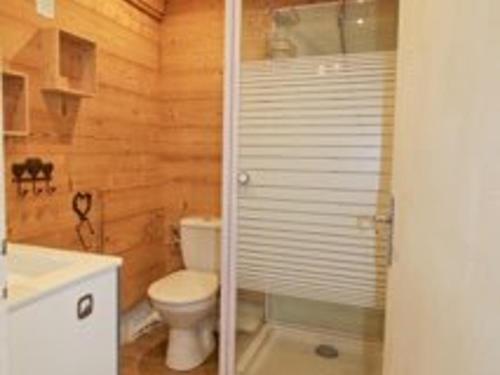 une salle de bain avec toilettes et douche en verre dans l'établissement Appartement T1 Confort 4 pers, proche commerces - FR-1-807-108, à Saint-François-Longchamp